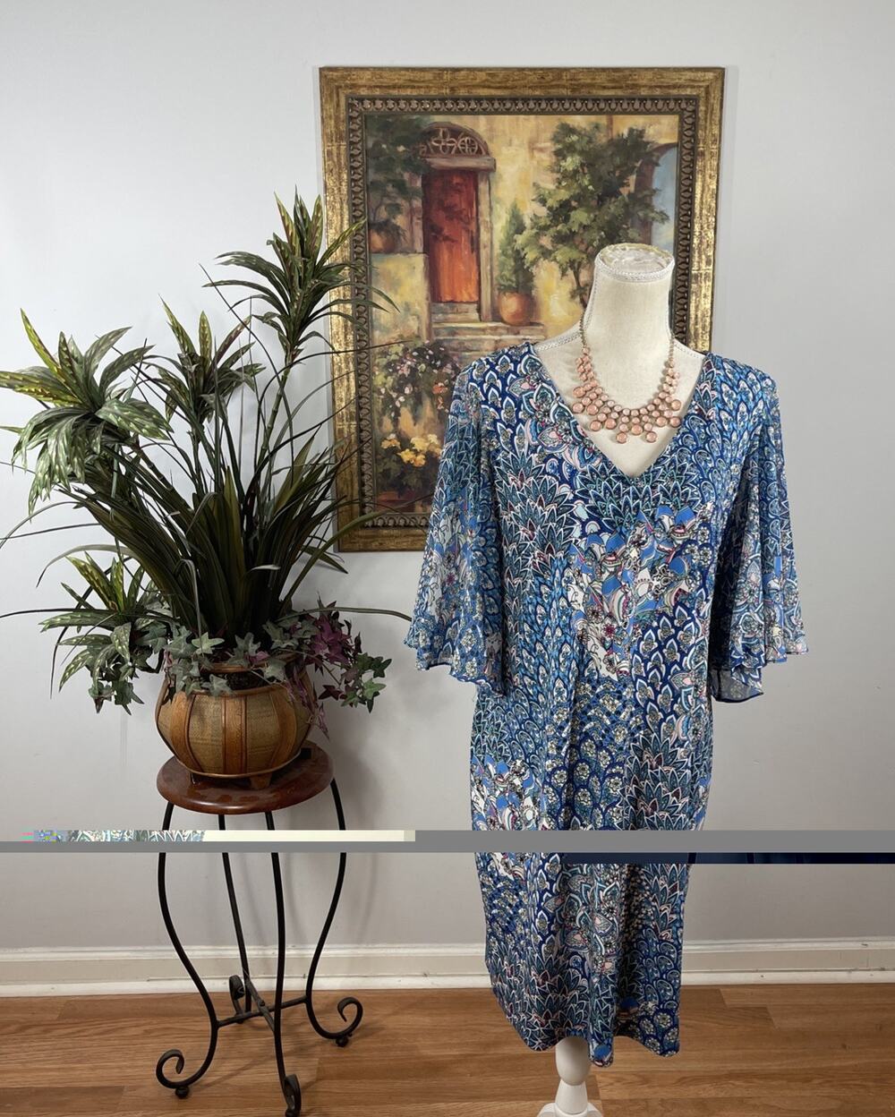 Ivy Road Blue Paisley Print Shift Dress Women’s Large Bell Sleeve Boho Stretch